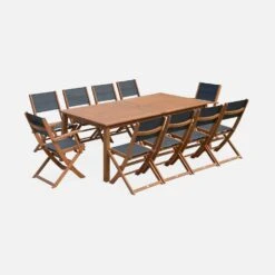Table De Jardin Extensible Bois, 10 Chaises Couleur : Bois / Anthracite -Meubles Boutique EC300R10AT 02