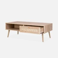 Table Basse Scandinave En Cannage, 1 Tiroir Couleur : Naturel -Meubles Boutique IBOCOFTABLE 02