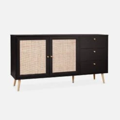 Buffet Scandinave Effet Bois Et Cannage 2 Portes 150 Cm Couleur : Noir -Meubles Boutique IBOSIDEBOAXLBK 01