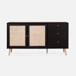 Buffet Scandinave Effet Bois Et Cannage 2 Portes 150 Cm Couleur : Noir -Meubles Boutique IBOSIDEBOAXLBK 02