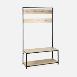 Meuble D'entrée Métal Et Effet Bois 2 Niveaux Et 7 Crochets -Meubles Boutique ILFSHELFRACK 01