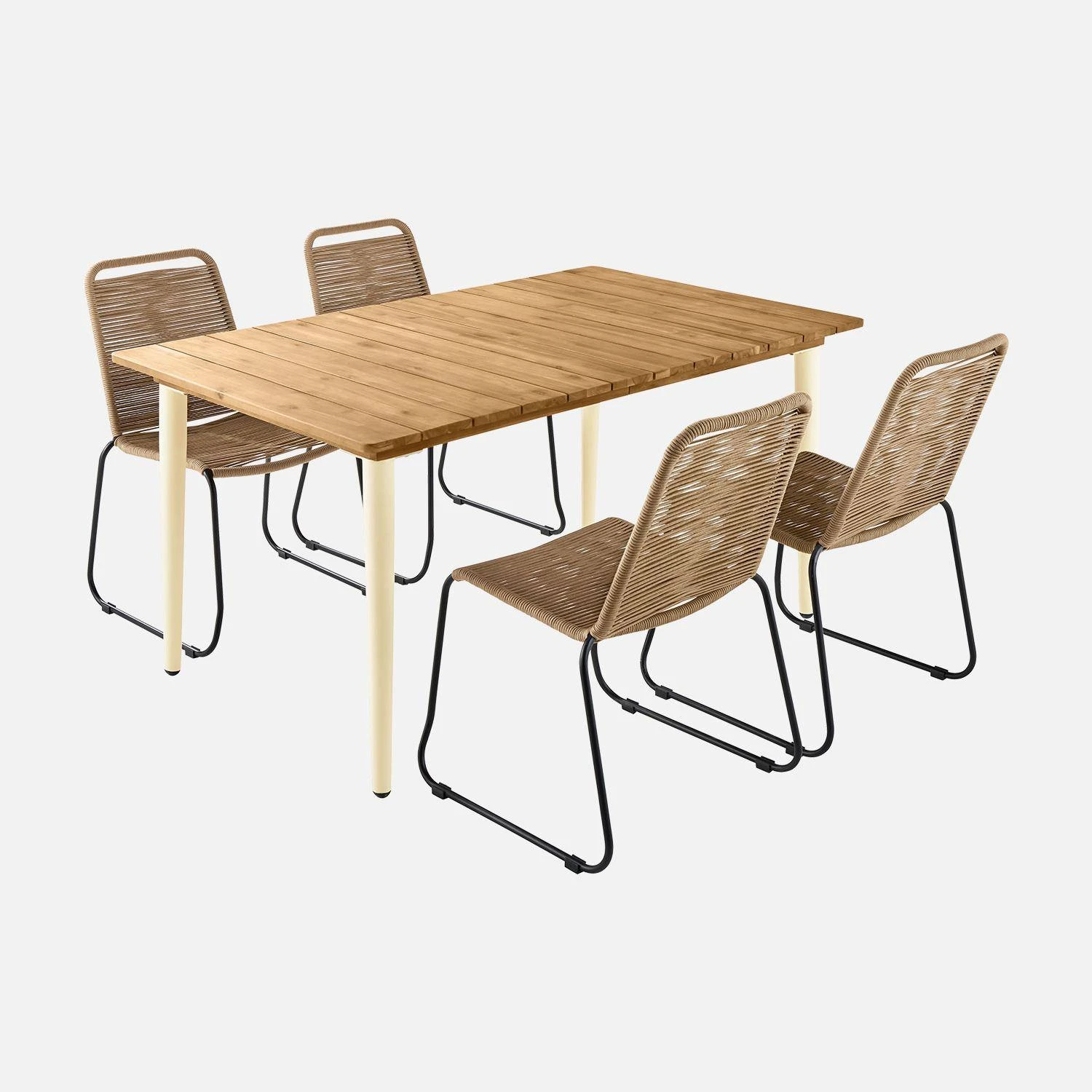 Table De Jardin Bois Et Métal + 4 Chaises En Corde Empilables Couleur : Ivoire / Beige 3 Table De Jardin Bois Et Métal + 4 Chaises En Corde Empilables Couleur : Ivoire / Beige – Image 3