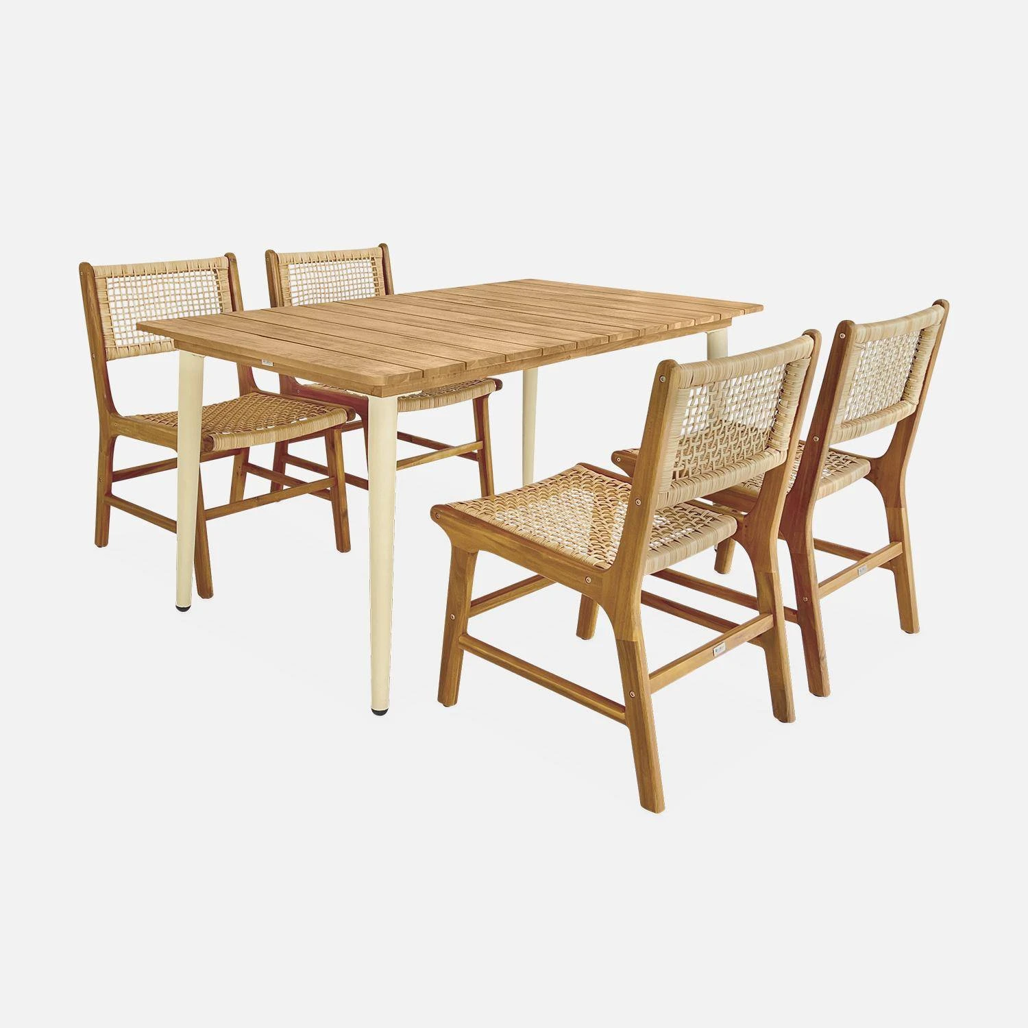 Table De Jardin Bois Et Métal + 4 Chaises En Cannage Et Bois Couleur : Ivoire 3 Table De Jardin Bois Et Métal + 4 Chaises En Cannage Et Bois Couleur : Ivoire – Image 3