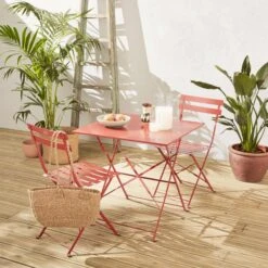 Table De Jardin Bistrot Pliable Métal, 2 Chaises Couleur : Terracotta