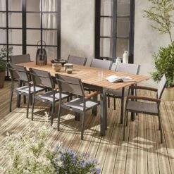 Table De Jardin Extensible Bois Et Aluminium, 8 Chaises Couleur : Anthracite / Gris Taupe