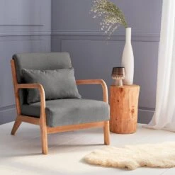 Fauteuil Design En Bois Et Tissu Couleur : Gris Foncé
