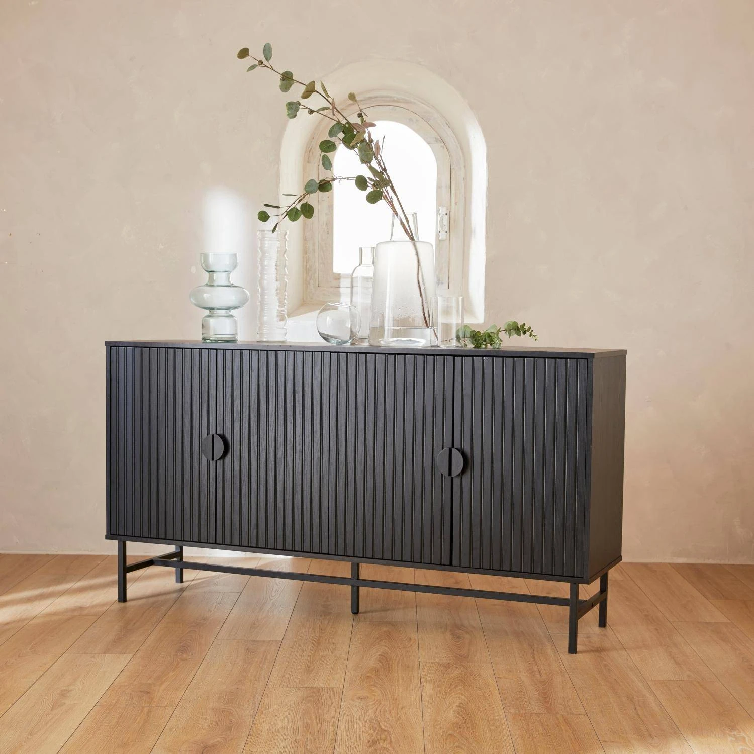 Buffet Effet Bois Rainuré Noir 4 Portes 157,5 Cm 1 Buffet Effet Bois Rainuré Noir 4 Portes 157,5 Cm