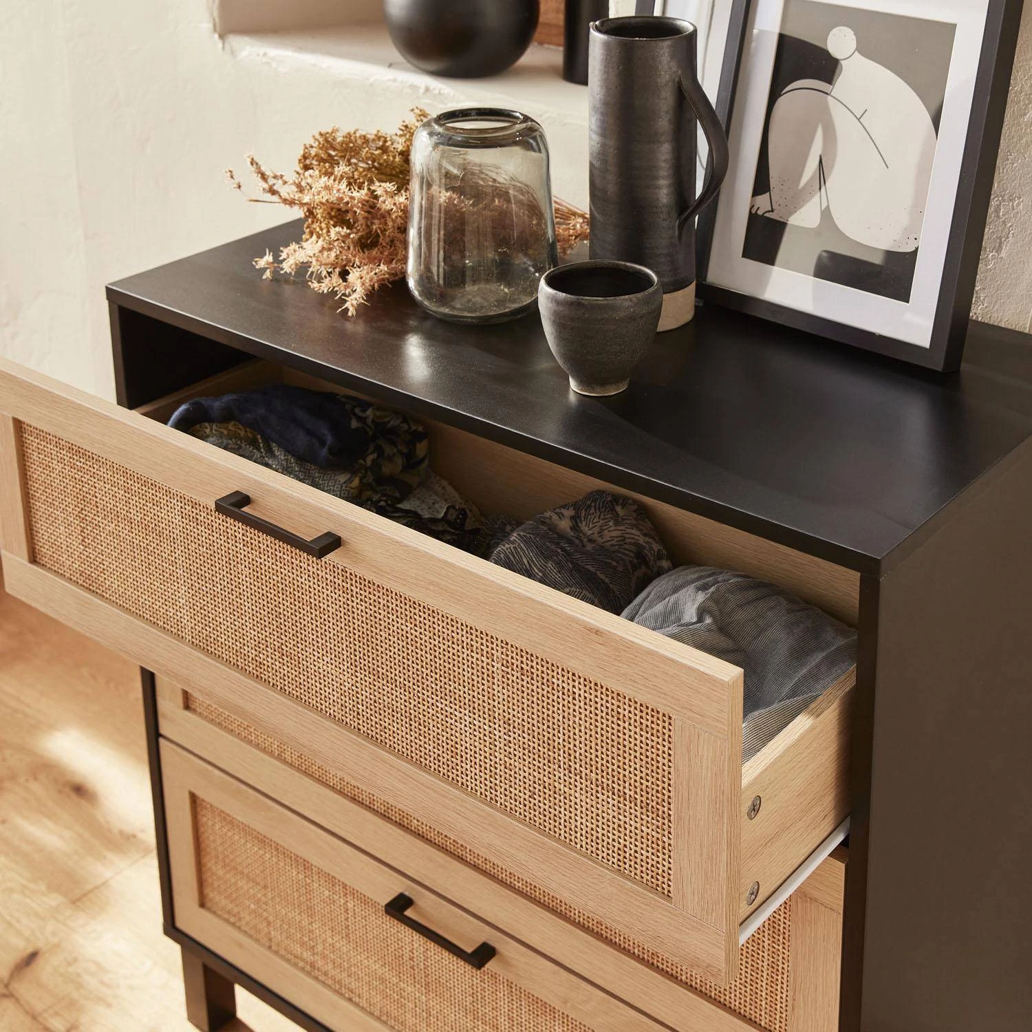 Commode Scandinave Bois Et Cannage 3 Tiroirs 2 Commode Scandinave Bois Et Cannage 3 Tiroirs – Image 2