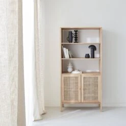 Etagère Bibliothèque Effet Bois Et Cannage, 4 Niveaux