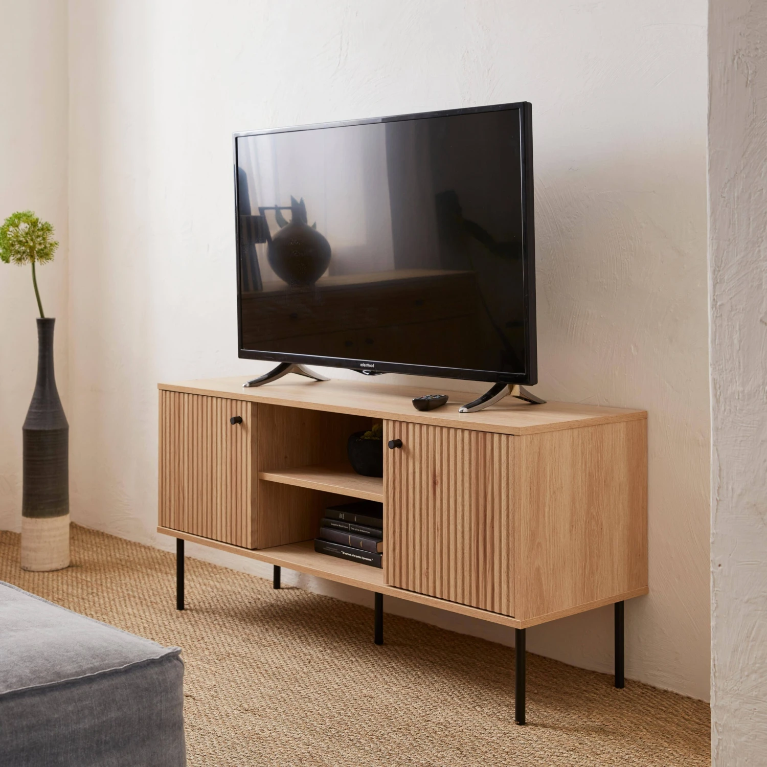 Meuble TV Décor Bois Rainuré 120 Cm 1 Meuble TV Décor Bois Rainuré 120 Cm