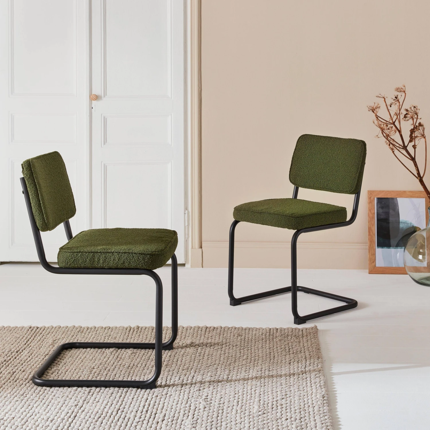 Chaise Cantilever Bouclette Texturée (lot De 2) Couleur : Vert 2 Chaise Cantilever Bouclette Texturée (lot De 2) Couleur : Vert – Image 2