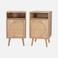 Lot De 2 Tables De Chevet Décor Bois, Cannage Arrondi