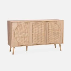 Buffet Scandinave Décor Bois Et Cannage Arrondis 3 Portes 120 Cm