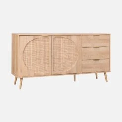Buffet De Rangement Décor Bois Et Cannage Arrondi 2 Portes, 3 Tiroirs 150 Cm