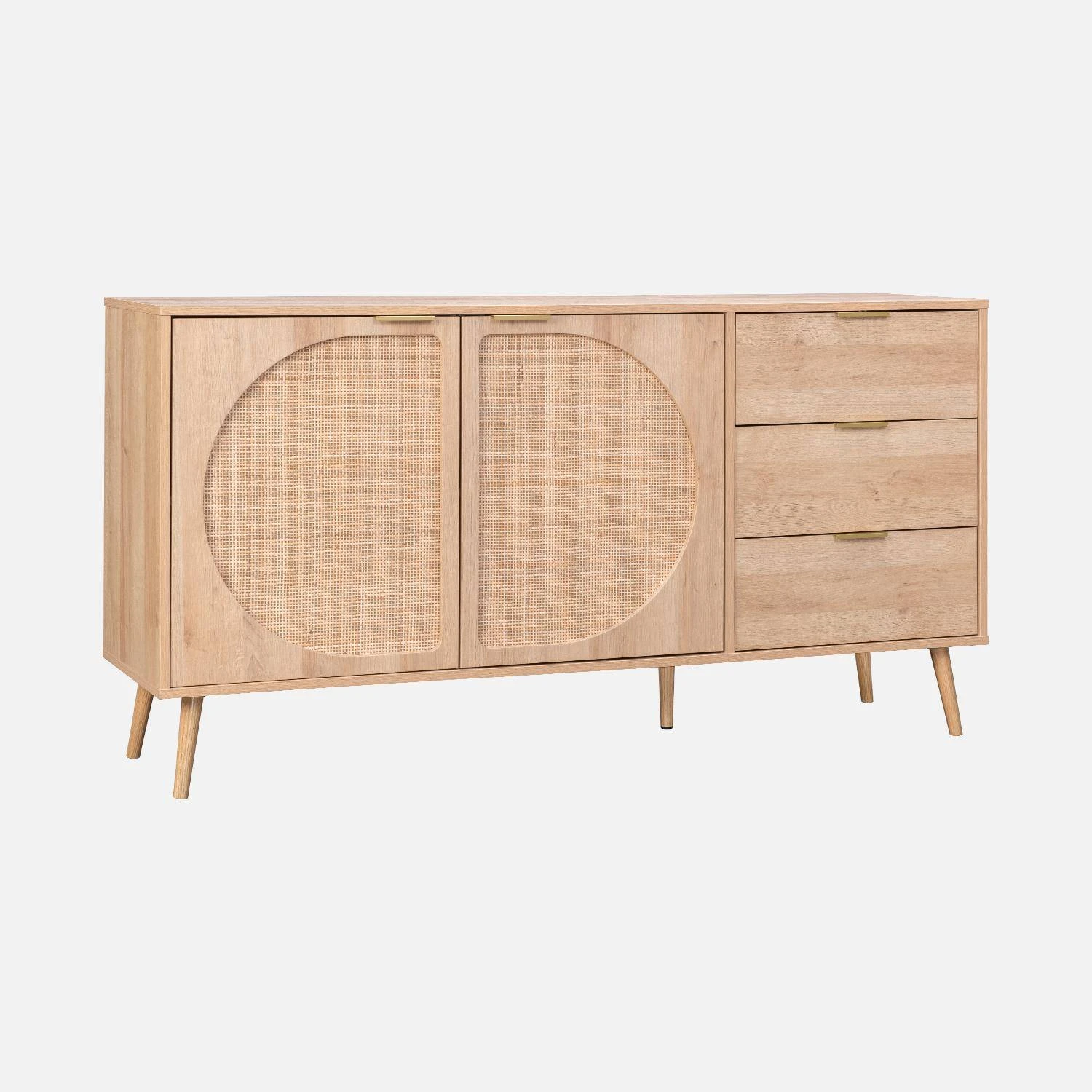 Buffet De Rangement Décor Bois Et Cannage Arrondi 2 Portes, 3 Tiroirs 150 Cm 1 Buffet De Rangement Décor Bois Et Cannage Arrondi 2 Portes, 3 Tiroirs 150 Cm