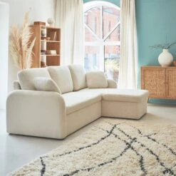 Canapé Convertible 3 Places Bouclettes Blanches, Lignes Arrondies