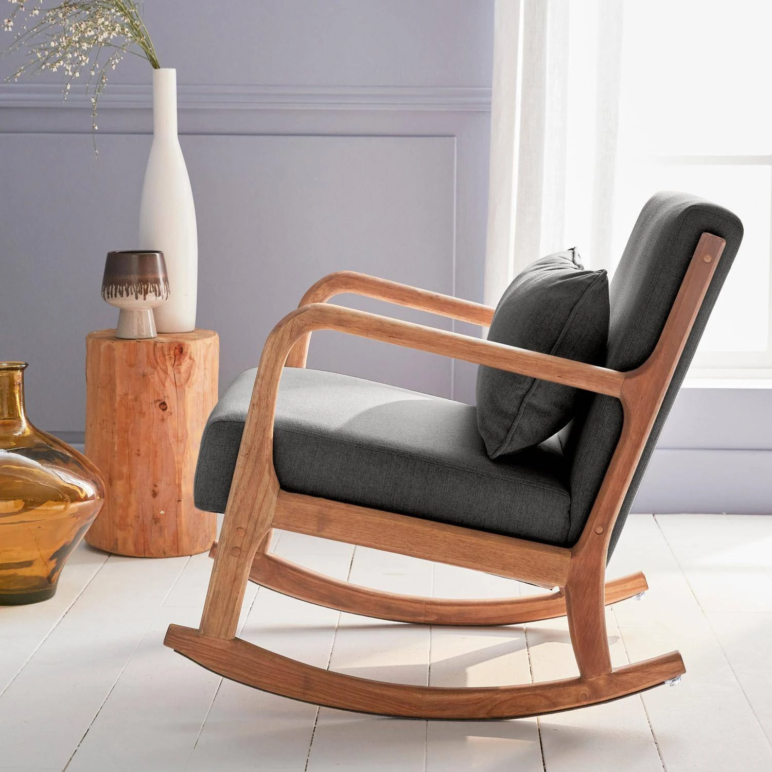 Rocking Chair Scandinave Bois Et Tissu Couleur : Gris Foncé 2 Rocking Chair Scandinave Bois Et Tissu Couleur : Gris Foncé – Image 2