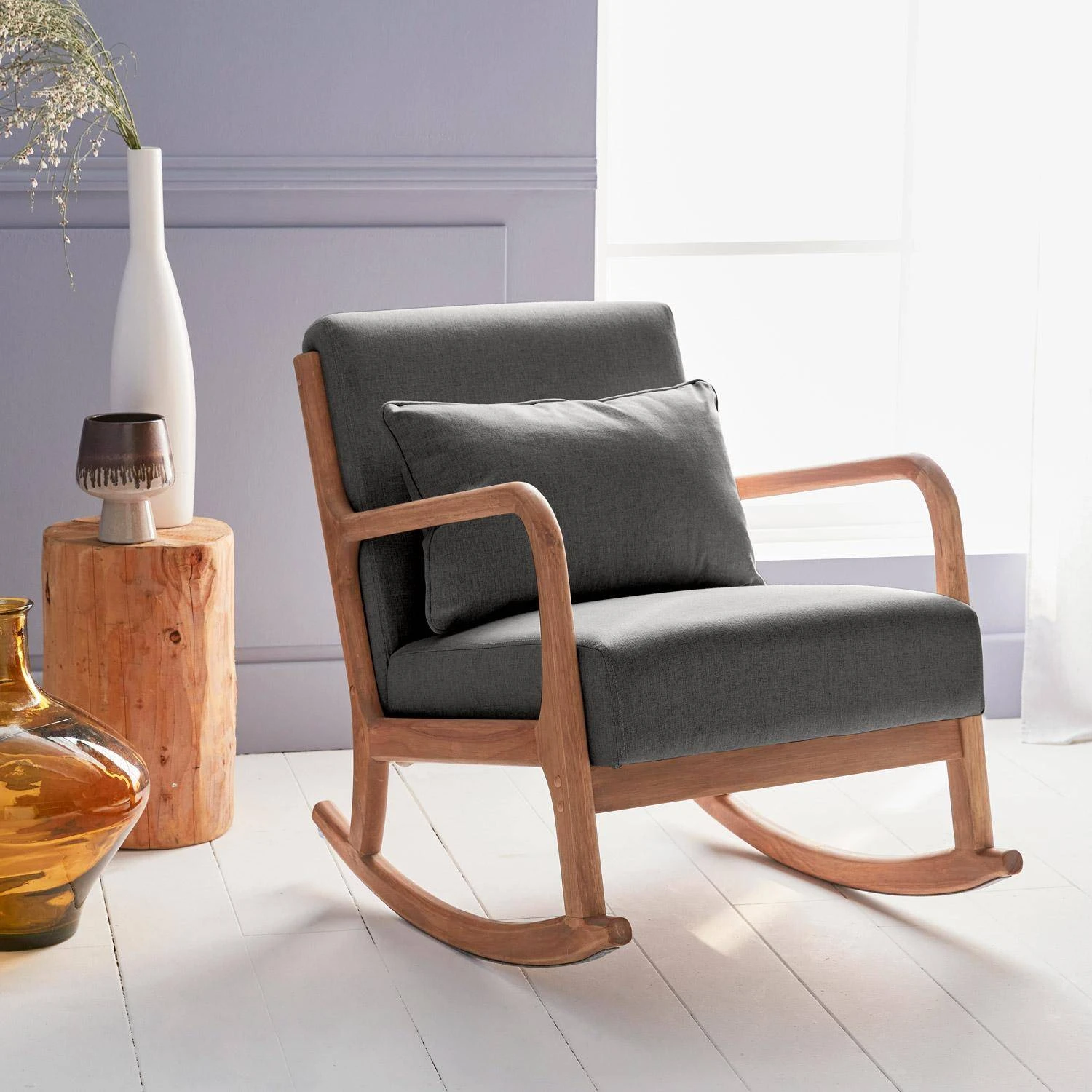 Rocking Chair Scandinave Bois Et Tissu Couleur : Gris Foncé 1 Rocking Chair Scandinave Bois Et Tissu Couleur : Gris Foncé