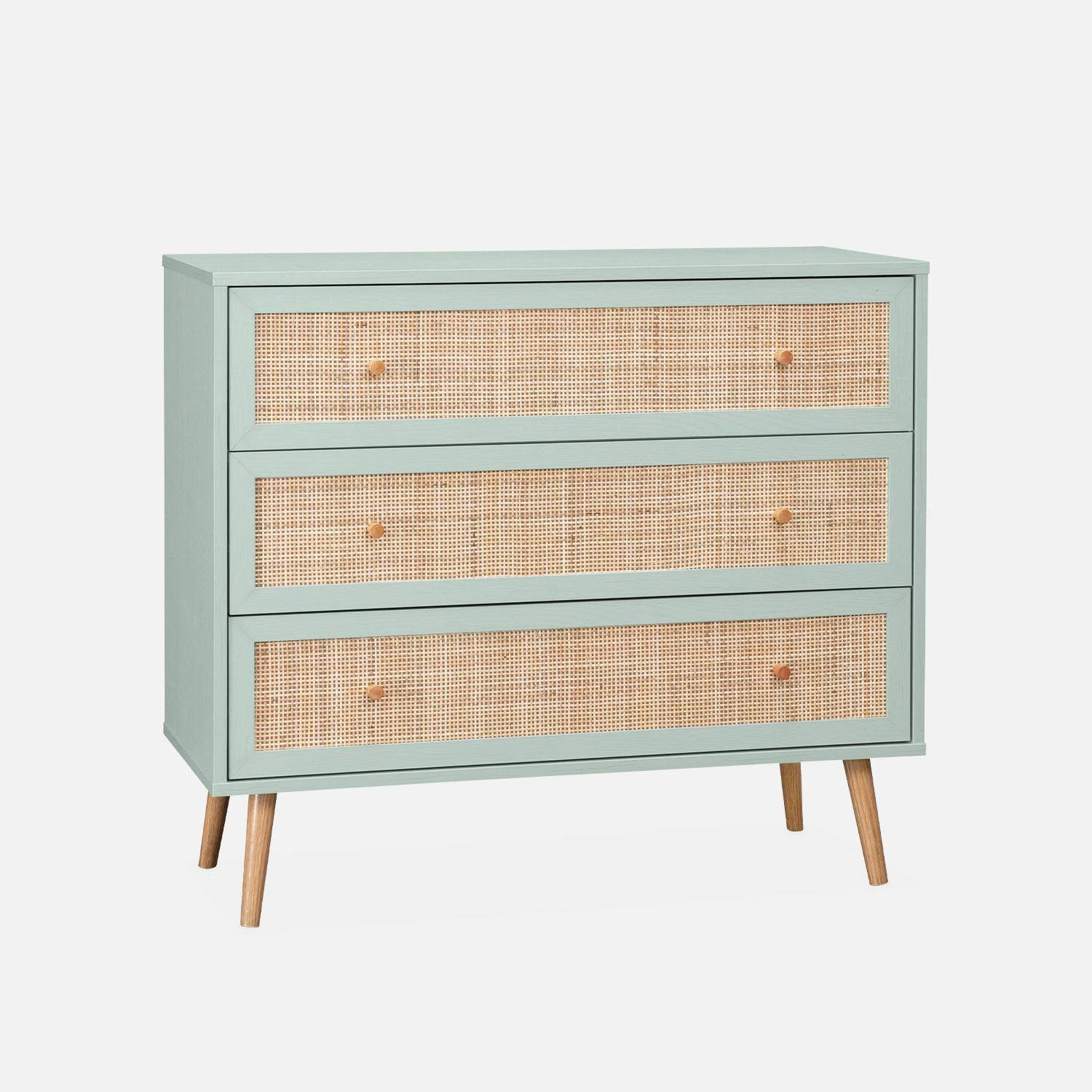 Commode Effet Bois Et Cannage 3 Tiroirs Couleur : Vert Céladon 2 Commode Effet Bois Et Cannage 3 Tiroirs Couleur : Vert Céladon – Image 2