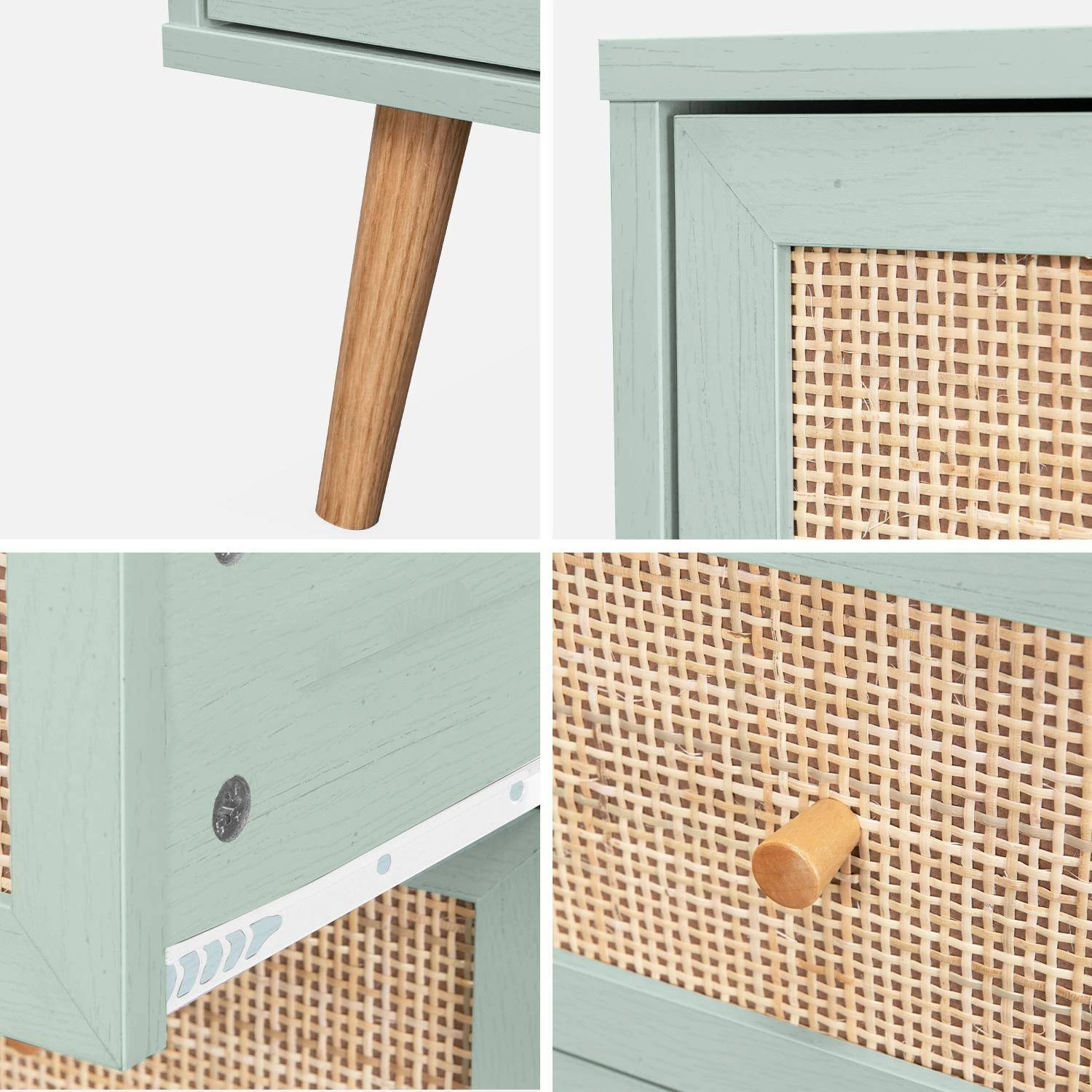 Commode Effet Bois Et Cannage 3 Tiroirs Couleur : Vert Céladon 5 Commode Effet Bois Et Cannage 3 Tiroirs Couleur : Vert Céladon – Image 5