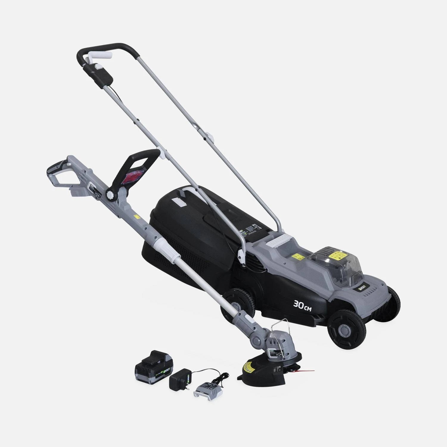 Tondeuse à Gazon à Batterie 20V, 30cm + Débrousailleuse 20V 1 Tondeuse à Gazon à Batterie 20V, 30cm + Débrousailleuse 20V