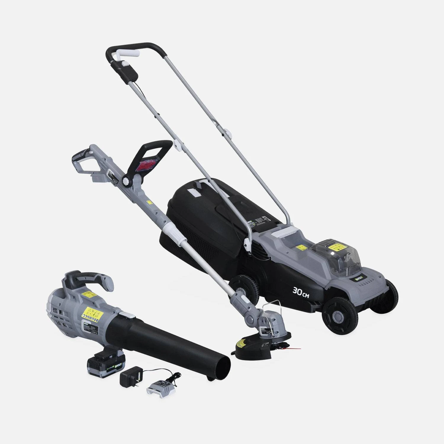 Tondeuse à Gazon 20V, 30cm + Débroussailleuse 20V + Souffleur De Feuilles 20V 1 Tondeuse à Gazon 20V, 30cm + Débroussailleuse 20V + Souffleur De Feuilles 20V