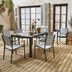 Table De Jardin Extensible Aluminium + 8 Fauteuils De Jardin Empilables Couleur : Anthracite / Gris Clair